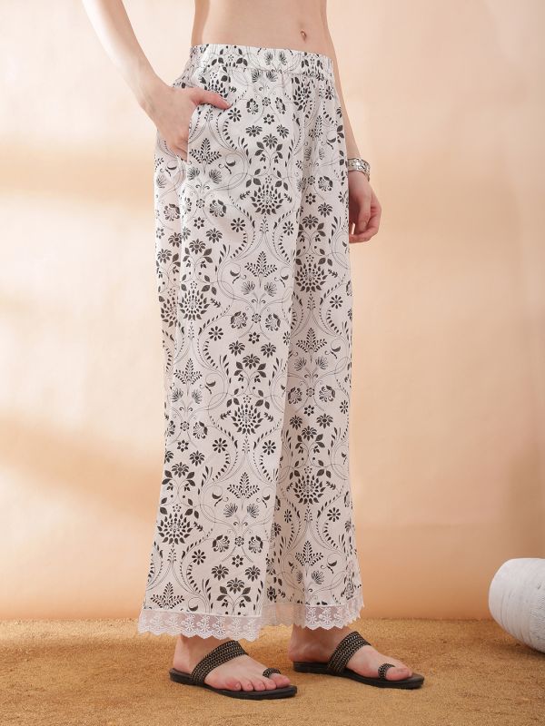 Globus Women Black V-Neck Scalloped Lace Hem Sleeves Ethnic Print Straight Kurti With Palazzos & Dupatta Set
