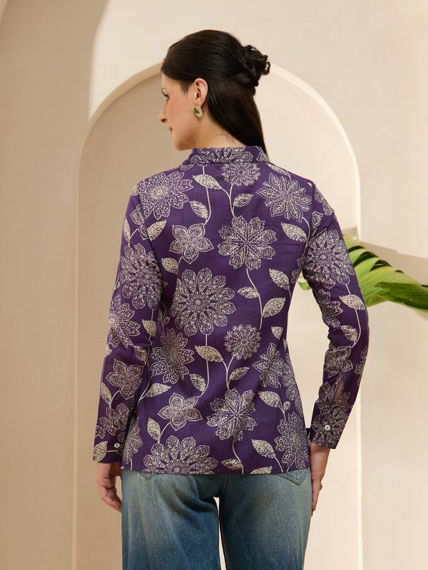 Globus Women Purple Collared Neck Cuffed Sleeves Floral Print Shirt Style Tunic 