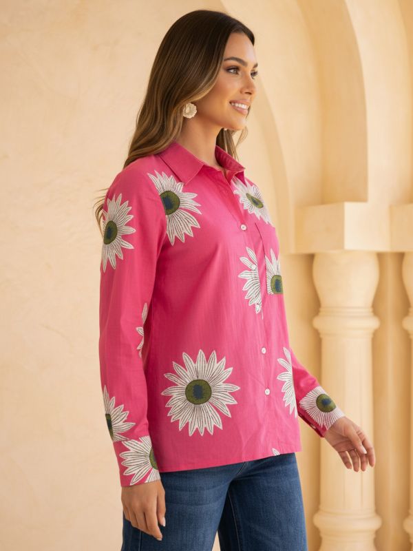 Globus Women Pink Collared Neck Cuffed Sleeves Floral Print Shirt Style Tunic