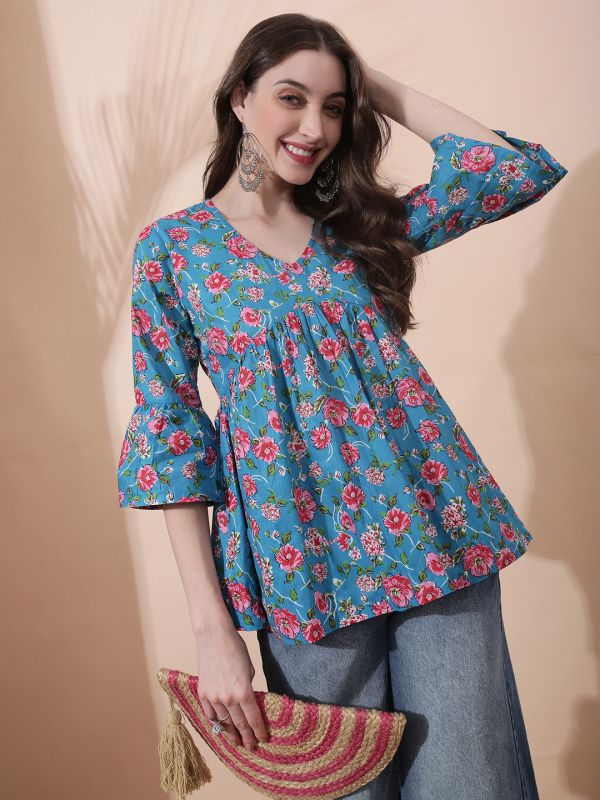 Globus Women Blue Floral Print V-Neck Bell Sleeve Gathered A-Line Alia Cut Tunic