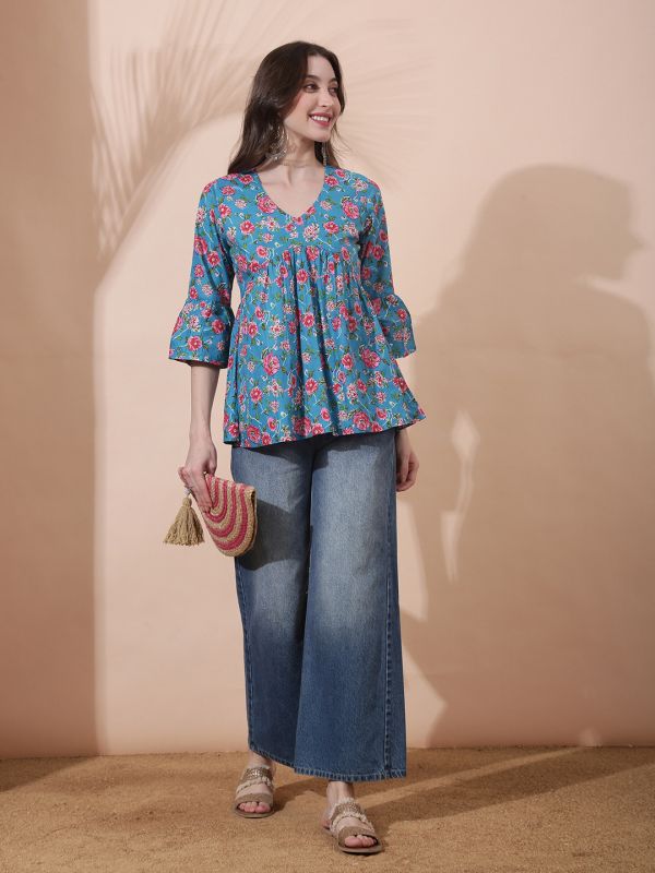 Globus Women Blue Floral Print V-Neck Bell Sleeve Gathered A-Line Alia Cut Tunic