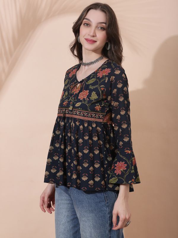 Globus Women Navy Blue Floral Print V-Neck Tie Up Detail Bell Sleeves Tunic