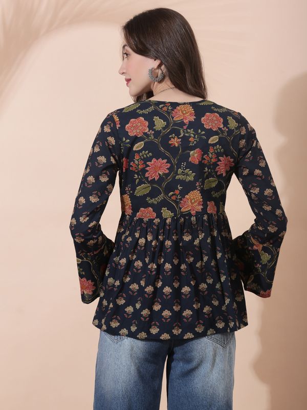 Globus Women Navy Blue Floral Print V-Neck Tie Up Detail Bell Sleeves Tunic