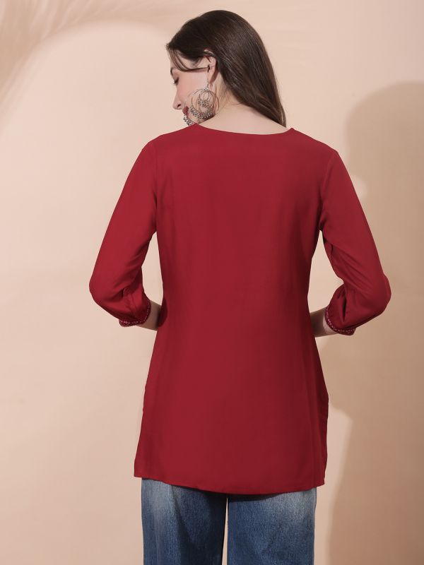 Globus Women Maroon Floral Embroidered Yoke Fusion Tunic