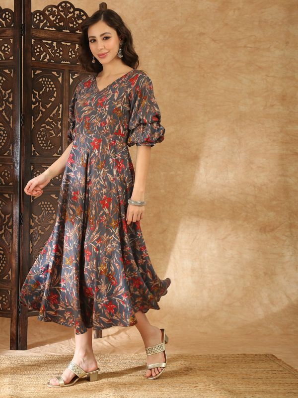 Globus Women Grey V-Neck Puff Sleeves Gold Foil Floral Print Flared Hem A-Line Midi Fusion Dress