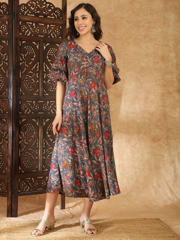 Globus Women Grey V-Neck Puff Sleeves Gold Foil Floral Print Flared Hem A-Line Midi Fusion Dress