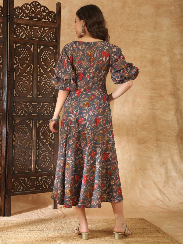 Globus Women Grey V-Neck Puff Sleeves Gold Foil Floral Print Flared Hem A-Line Midi Fusion Dress
