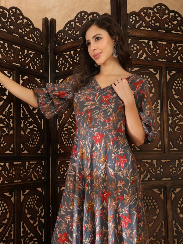 Globus Women Grey V-Neck Puff Sleeves Gold Foil Floral Print Flared Hem A-Line Midi Fusion Dress