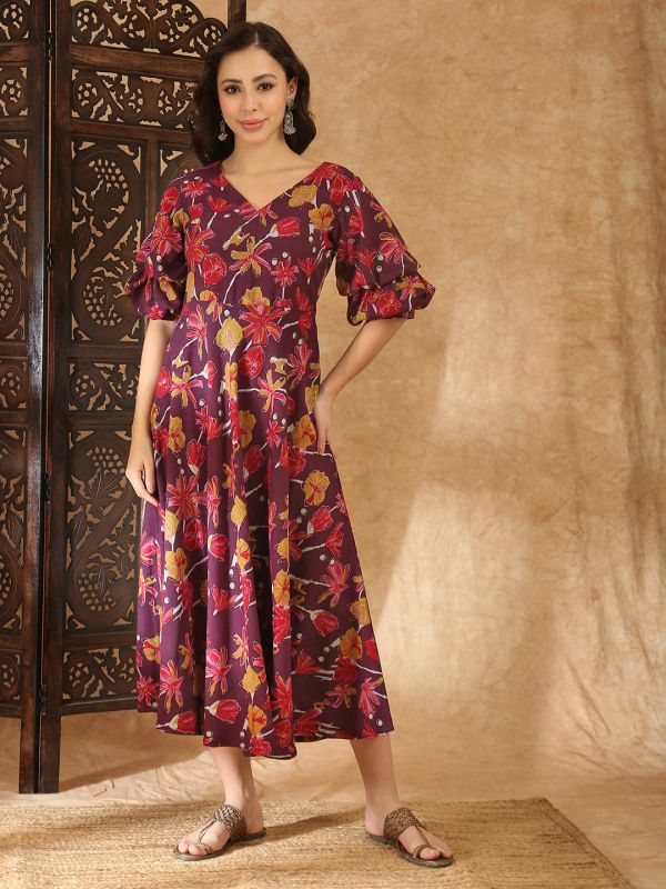 Globus Women Purple V-Neck Puff Sleeves Gold Foil Floral Print Flared Hem A-Line Midi Fusion Dress