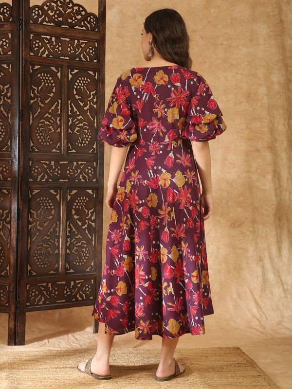 Globus Women Purple V-Neck Puff Sleeves Gold Foil Floral Print Flared Hem A-Line Midi Fusion Dress
