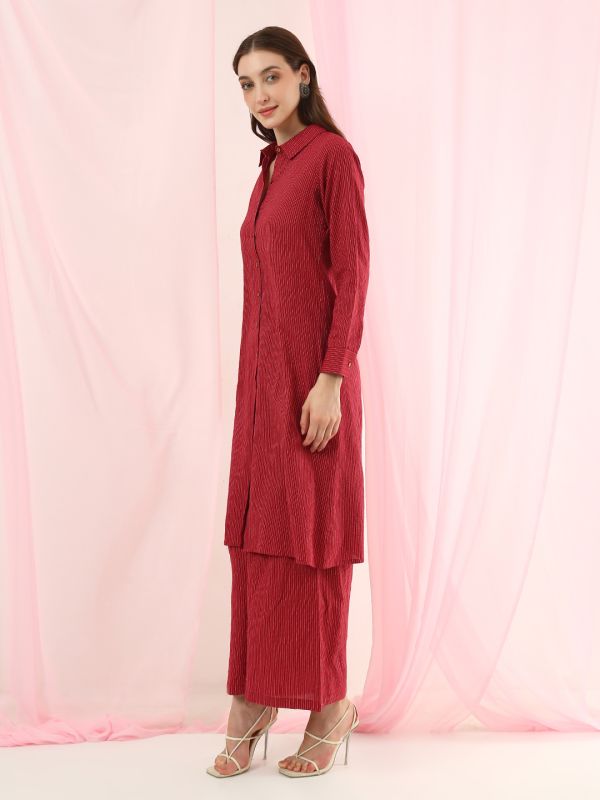 Globus Women Rust Collared Neck Striped Thread Work Detail Shirt Style Straight Kurta with Wide Leg Pants Fusion Set