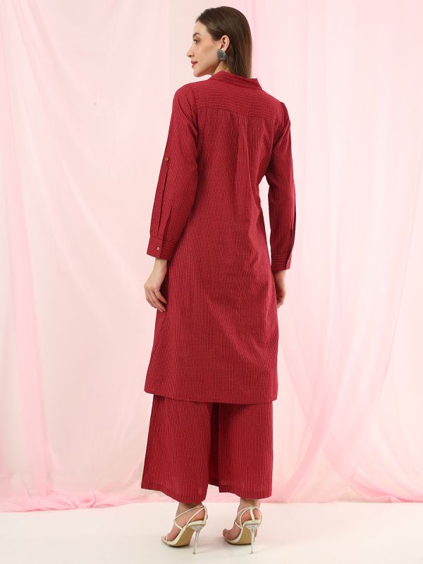 Globus Women Rust Collared Neck Striped Thread Work Detail Shirt Style Straight Kurta with Wide Leg Pants Fusion Set