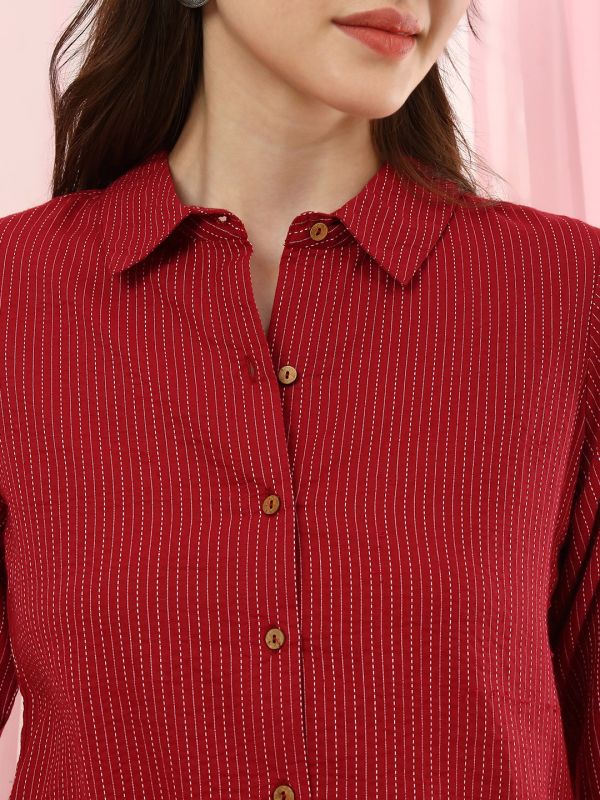 Globus Women Rust Collared Neck Striped Thread Work Detail Shirt Style Straight Kurta with Wide Leg Pants Fusion Set