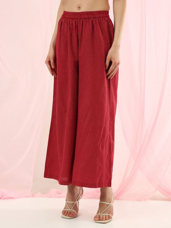Globus Women Rust Collared Neck Striped Thread Work Detail Shirt Style Straight Kurta with Wide Leg Pants Fusion Set