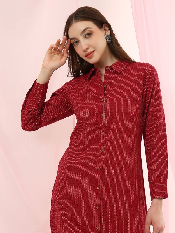 Globus Women Rust Collared Neck Striped Thread Work Detail Shirt Style Straight Kurta with Wide Leg Pants Fusion Set