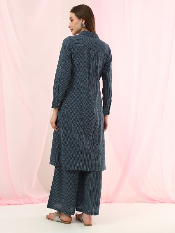 Globus Women Blue Collared Neck Striped Thread Work Detail Shirt Style Straight Kurta with Wide Leg Pants Fusion Set