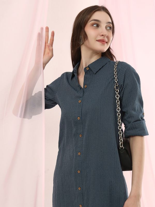 Globus Women Blue Collared Neck Striped Thread Work Detail Shirt Style Straight Kurta with Wide Leg Pants Fusion Set