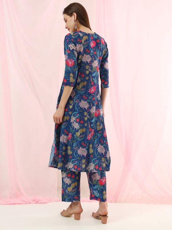 Globus Women Blue V-Neck All Over Floral Print Curved Hem A-Line Kurta with Pants Fusion Set