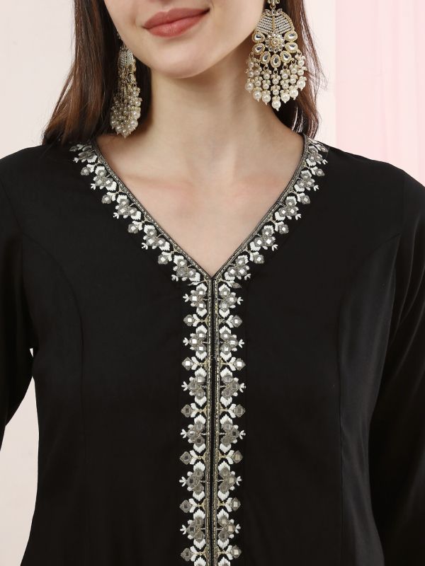 Globus Women Black V-Neck Embroidered & Mirror Work Detail High-Low Hem Front Slit A-Line Kurta with Pants Fusion Set