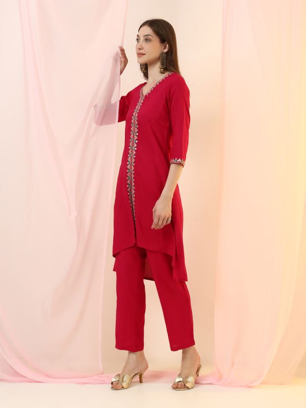 Globus Women Pink V-Neck Embroidered & Mirror Work Detail High-Low Hem Front Slit A-Line Kurta with Pants Fusion Set