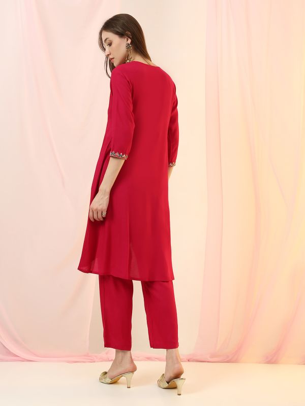 Globus Women Pink V-Neck Embroidered & Mirror Work Detail High-Low Hem Front Slit A-Line Kurta with Pants Fusion Set