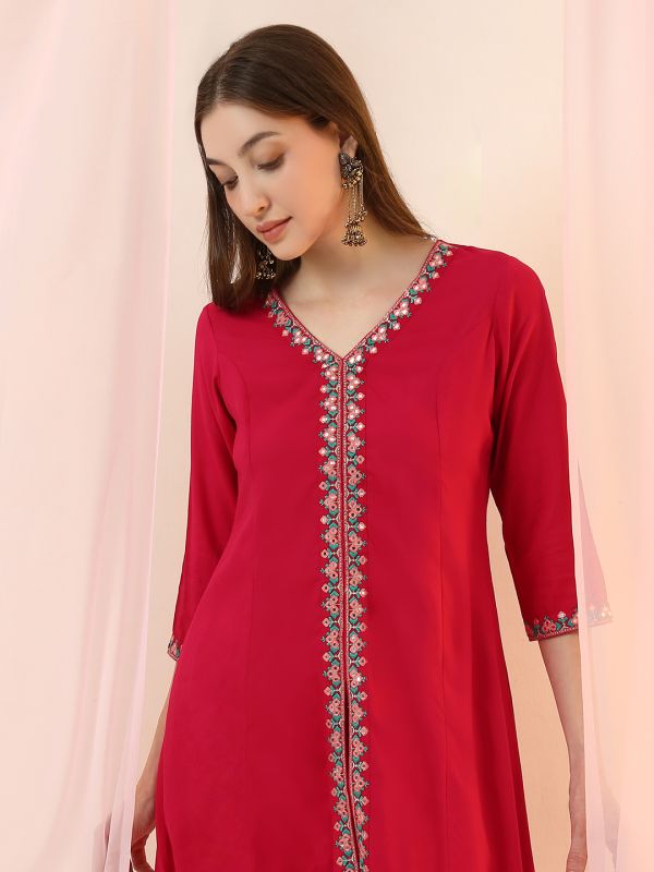 Globus Women Pink V-Neck Embroidered & Mirror Work Detail High-Low Hem Front Slit A-Line Kurta with Pants Fusion Set