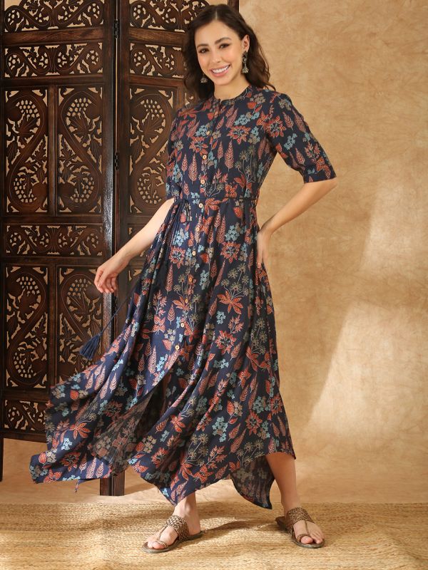 Globus Women Navy Blue Round Neck Gold Foil Floral Print Asymmetric Hem A-Line Maxi Fusion Dress With Dori