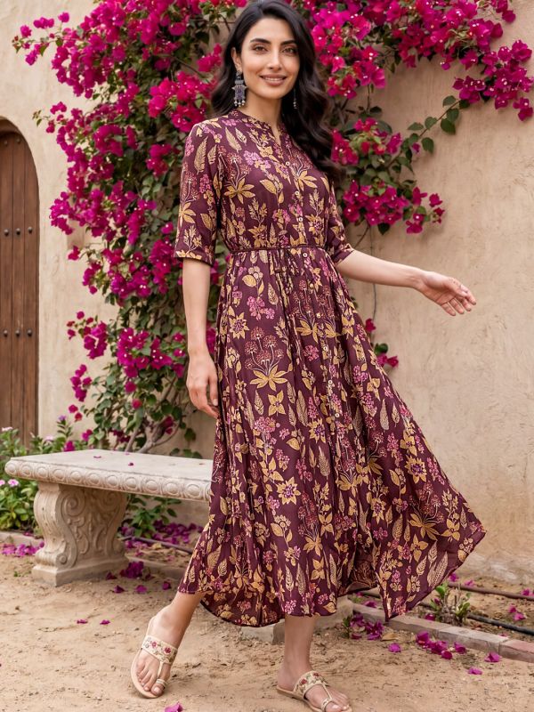 Globus Women Wine Round Neck Gold Foil Floral Print Asymmetric Hem A-Line Maxi Fusion Dress With Dori