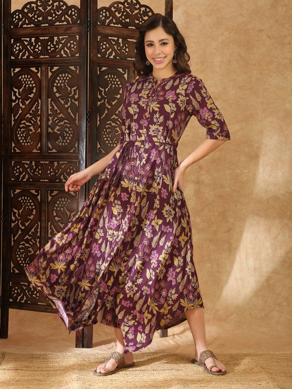 Globus Women Wine Round Neck Gold Foil Floral Print Asymmetric Hem A-Line Maxi Fusion Dress With Dori