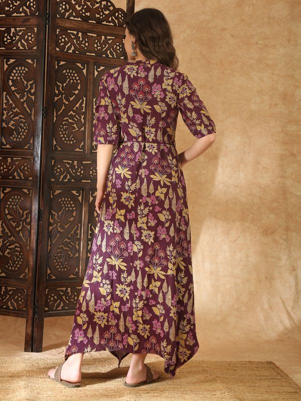 Globus Women Wine Round Neck Gold Foil Floral Print Asymmetric Hem A-Line Maxi Fusion Dress With Dori