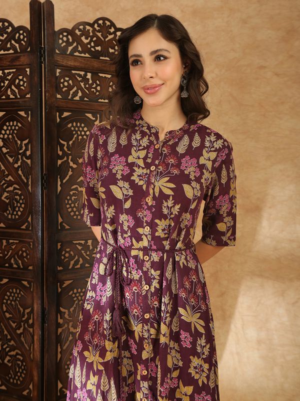 Globus Women Wine Round Neck Gold Foil Floral Print Asymmetric Hem A-Line Maxi Fusion Dress With Dori