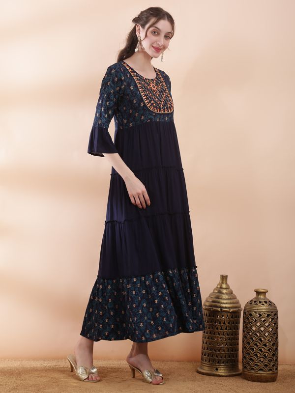 Globus Women Teal Embroidered Yoke Mirror Work Detail Foil Printed Flared Hem Tiered A-Line Maxi Dress
