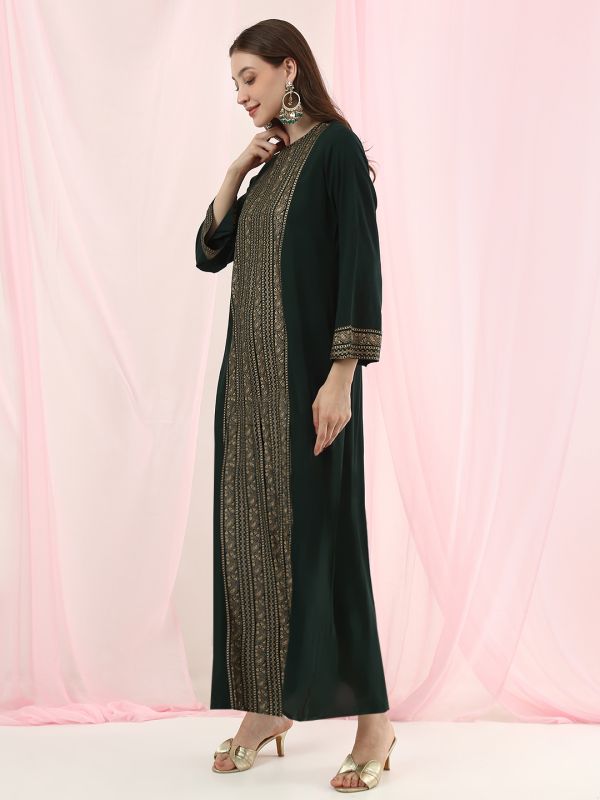 Globus Women Green Floral & Paisley Printed Bell Sleeve High-Low Hem Maxi Ethnic Dress