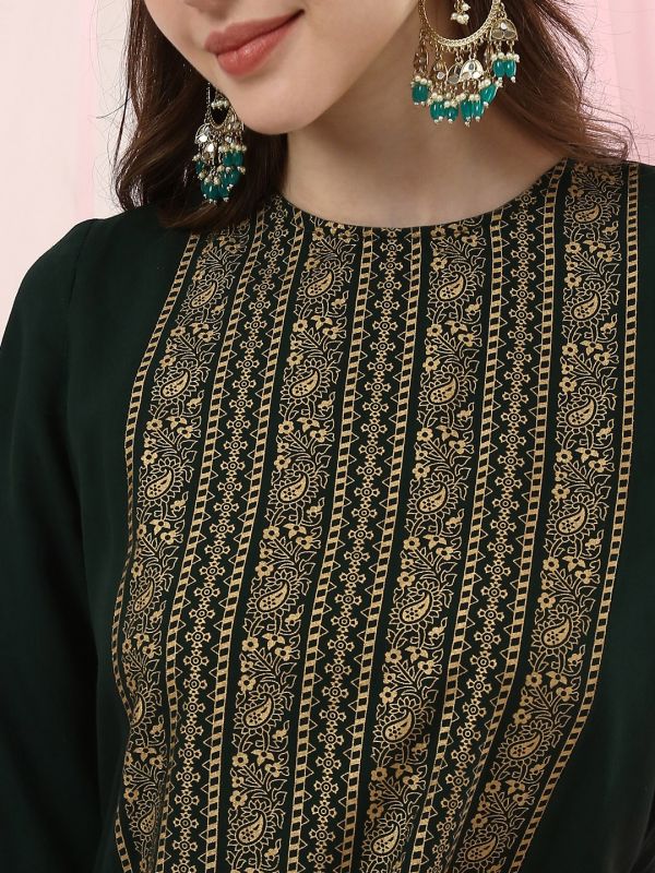 Globus Women Green Floral & Paisley Printed Bell Sleeve High-Low Hem Maxi Ethnic Dress