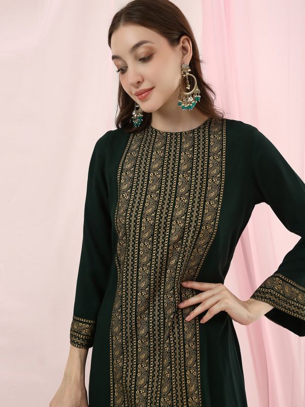 Globus Women Green Floral & Paisley Printed Bell Sleeve High-Low Hem Maxi Ethnic Dress