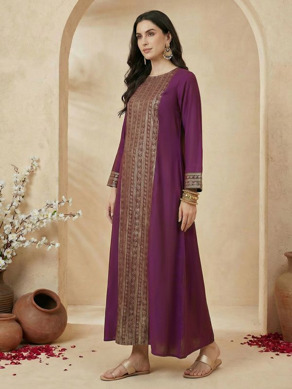 Globus Women Purple Round Neck Bell Sleeves Gold Foil Floral Print A-Line Maxi Festive Dress