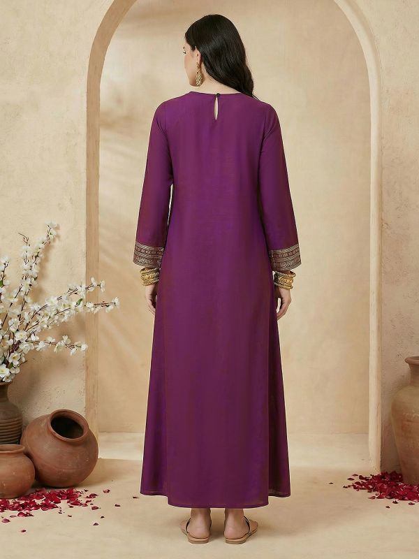 Globus Women Purple Round Neck Bell Sleeves Gold Foil Floral Print A-Line Maxi Festive Dress