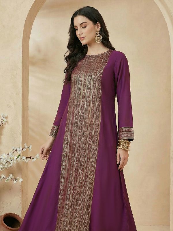 Globus Women Purple Round Neck Bell Sleeves Gold Foil Floral Print A-Line Maxi Festive Dress