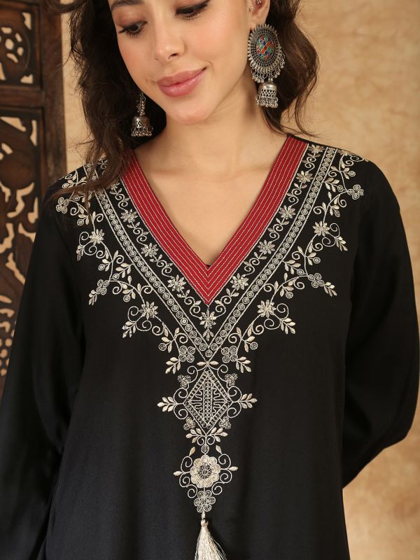 Globus Women Black Sequin Embroidered V-Neck Bell Sleeves Slit Detail A-Line Maxi Festive Dress