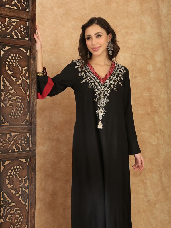 Globus Women Black Sequin Embroidered V-Neck Bell Sleeves Slit Detail A-Line Maxi Festive Dress