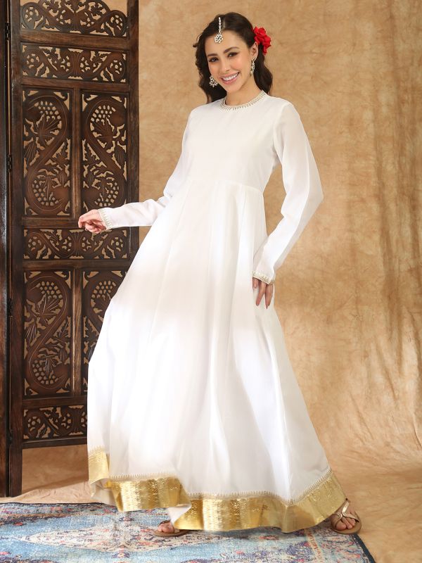 Globus Women White Round Neck Long Sleeves Embroidered Detail Pleated A-Line Maxi Festive Dress