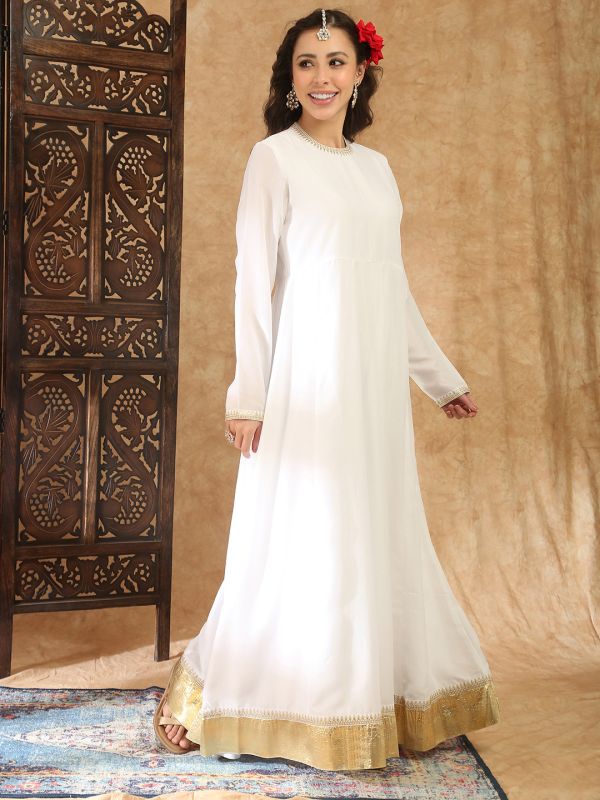 Globus Women White Round Neck Long Sleeves Embroidered Detail Pleated A-Line Maxi Festive Dress