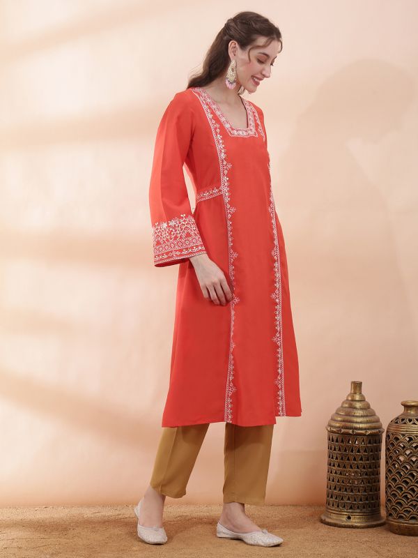 Globus Women Orange Square Neck Bell Sleeves Sequin & Thread Embroidered Detail Panelled A-Line Festive Kurta