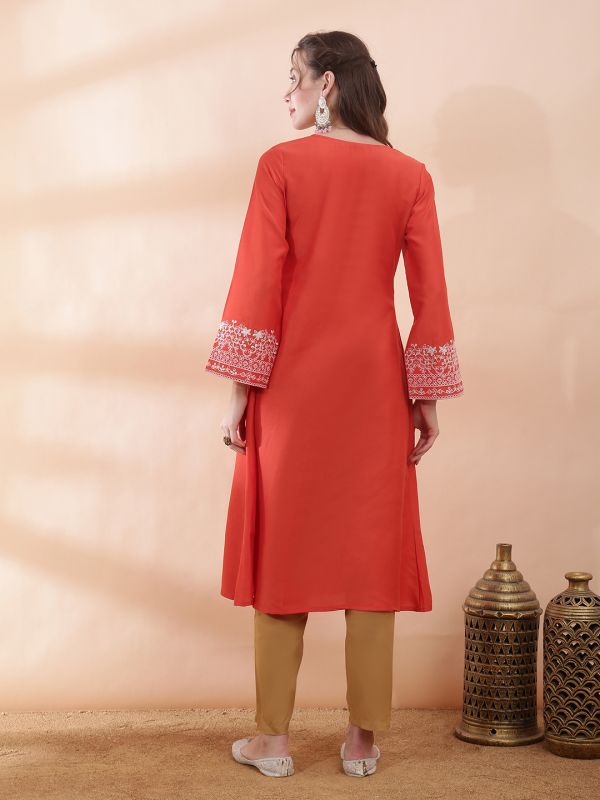 Globus Women Orange Square Neck Bell Sleeves Sequin & Thread Embroidered Detail Panelled A-Line Festive Kurta