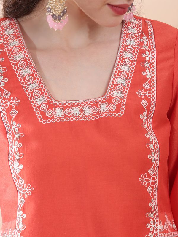 Globus Women Orange Square Neck Bell Sleeves Sequin & Thread Embroidered Detail Panelled A-Line Festive Kurta