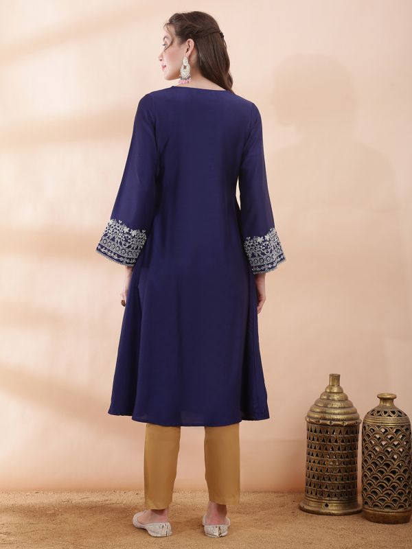 Globus Women Blue Square Neck Bell Sleeves Sequin & Thread Embroidered Detail Panelled A-Line Festive Kurta