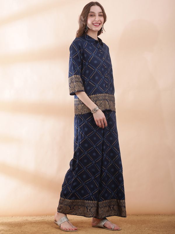 Globus Women Teal Collared Neck Gold Foil Bandhani Print Shirt with Palazzos Fusion Co-ord Set