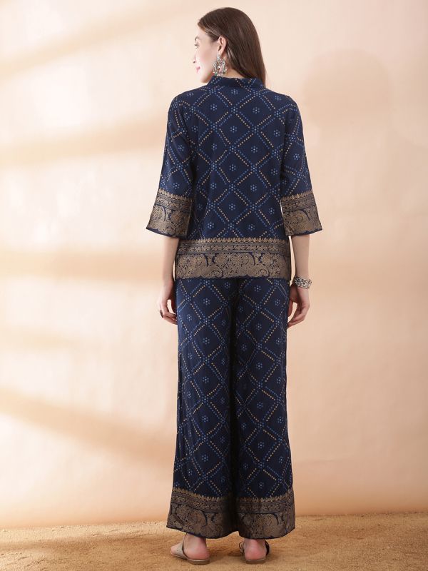 Globus Women Teal Collared Neck Gold Foil Bandhani Print Shirt with Palazzos Fusion Co-ord Set