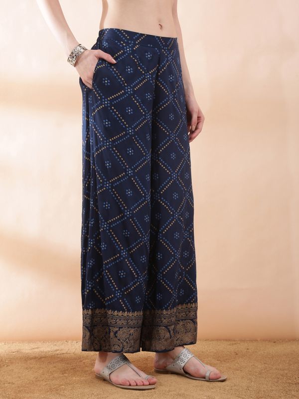 Globus Women Teal Collared Neck Gold Foil Bandhani Print Shirt with Palazzos Fusion Co-ord Set