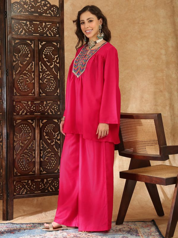Globus Women Pink Sequin Embroidered Yoke Bell Sleeves Gathered Detail Tunic With Palazzos Fusion Co-Ord Set